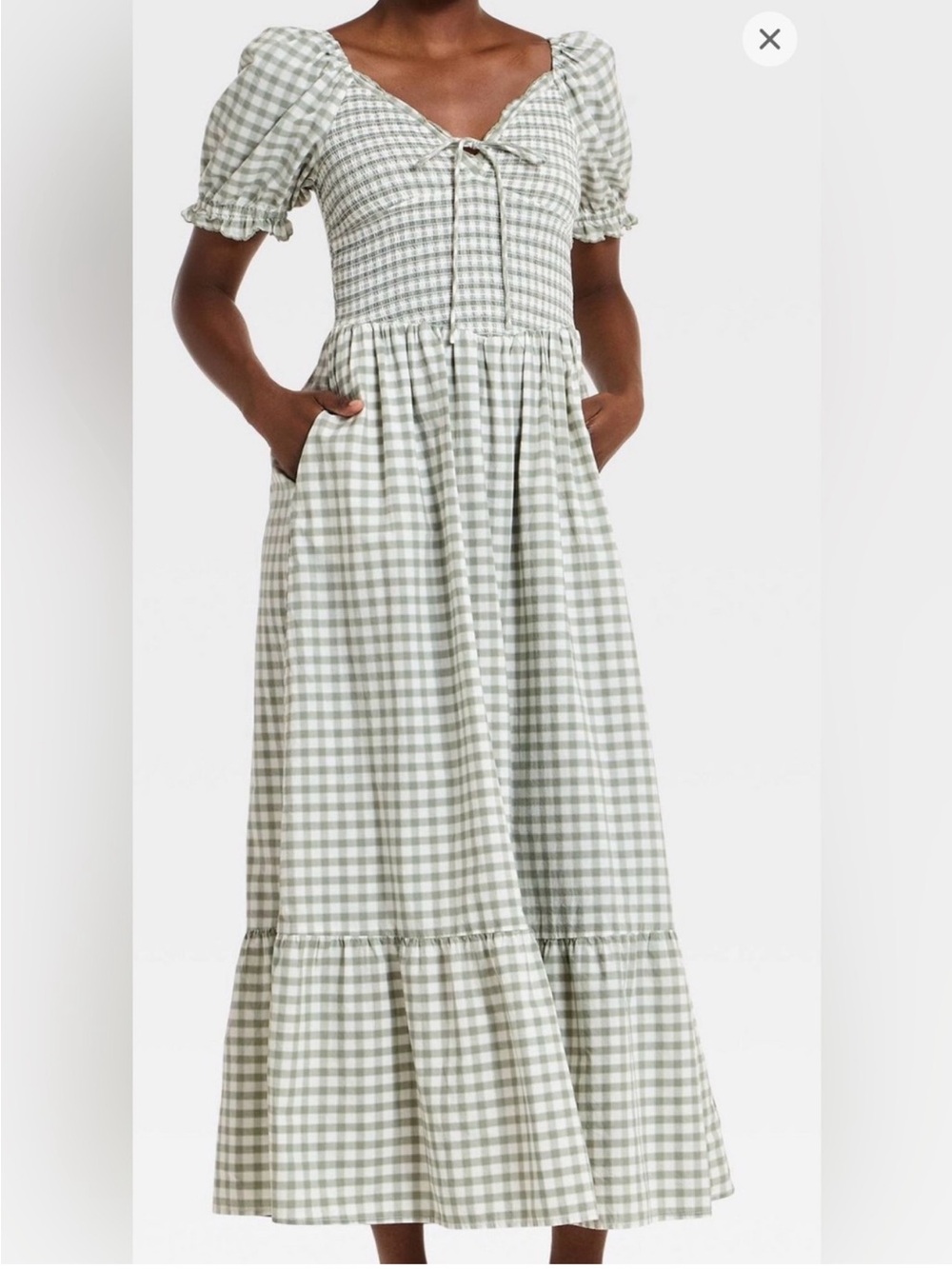 Gingham Puff-Sleeve Maxi Dress in Sage